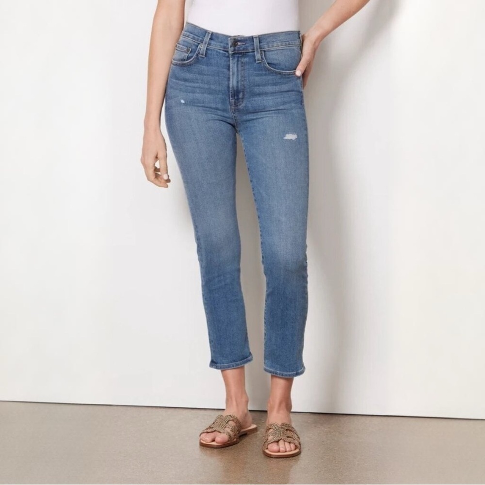 {Edwin} "Elin Crop Straight" Blue Ankle Cigarette Leg Distressed Denim Jeans